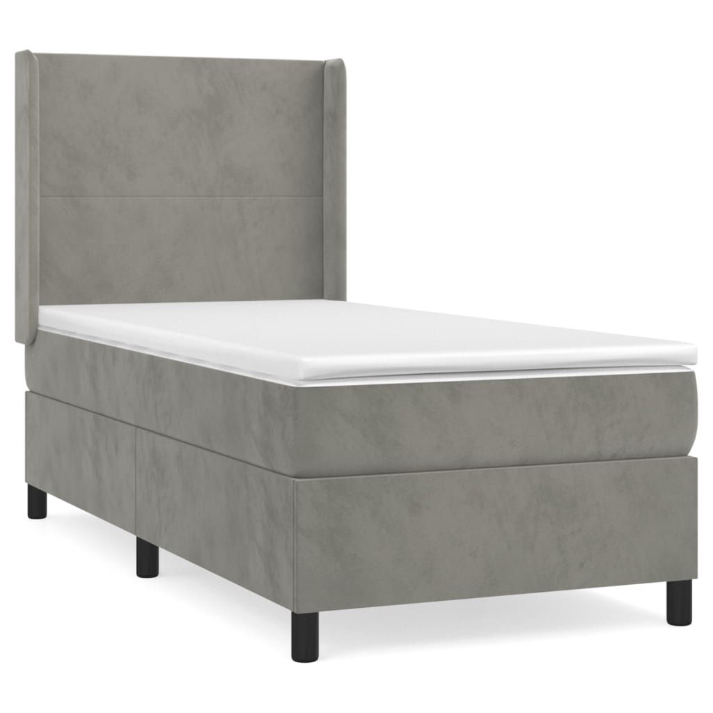 Cama box spring con colchón terciopelo gris claro 100x200 cm diseño plano