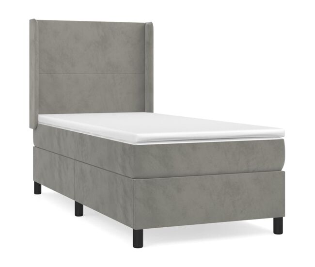 Cama box spring con colchón terciopelo gris claro 100x200 cm diseño plano