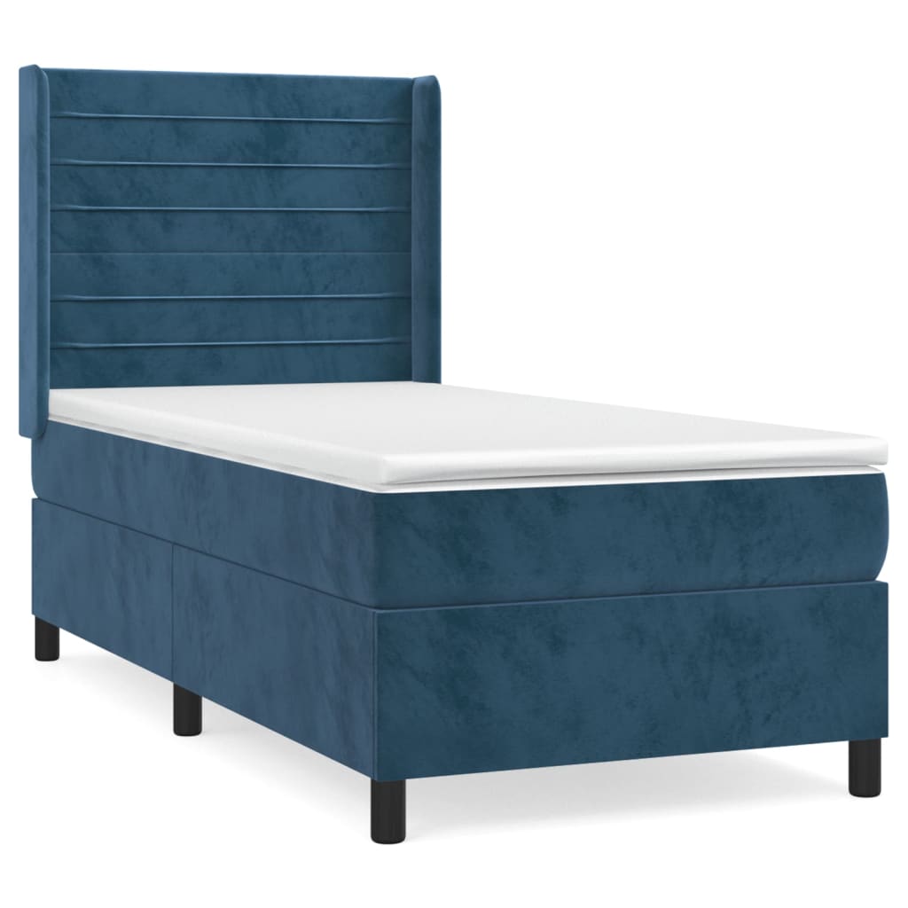 Cama box spring con colchón terciopelo azul oscuro 90x200 cm rayas horizontales