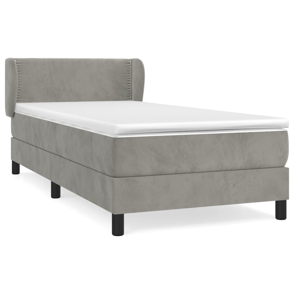 Cama box spring con colchón terciopelo gris claro 90x190 cm liso con clavos