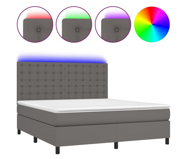 Cama box spring colchón y led cuero sintético gris 160x200 cm botones