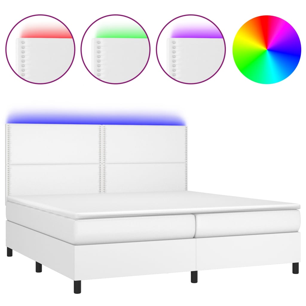 Cama box spring colchón y led cuero sintético blanco 200x200 cm liso con clavos