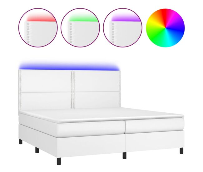 Cama box spring colchón y led cuero sintético blanco 200x200 cm liso con clavos