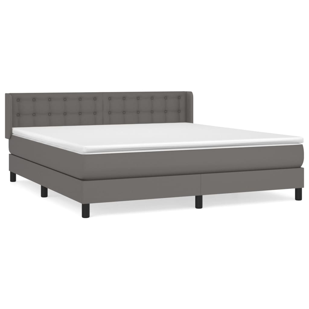 Cama box spring con colchón cuero sintético gris 160x200 cm botones