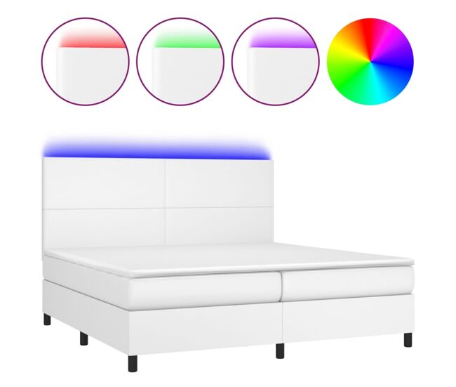 Cama box spring colchón y led cuero sintético blanco 200x200 cm diseño plano