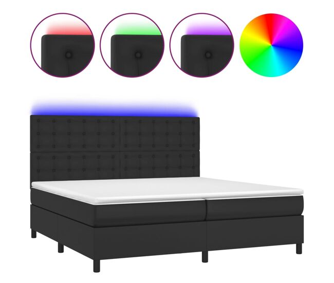 Cama box spring colchón y led cuero sintético negro 200x200 cm botones