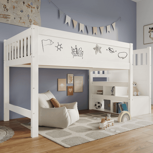 Cama de criança,cama alta de madeira maciça 90x200cm,branco