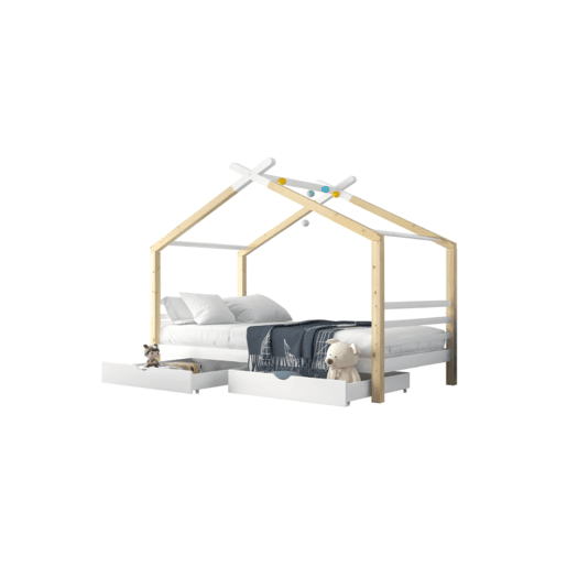 Cama de criança,cama-casa de madeira de pinho 90x200cm com 2 gavetas,branco+madeira