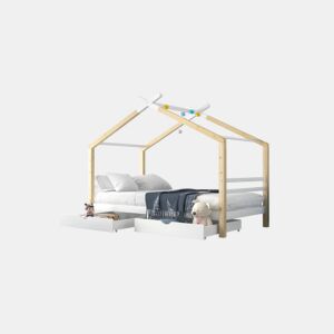 Cama de criança,cama-casa de madeira de pinho 90x200cm com 2 gavetas,branco+madeira