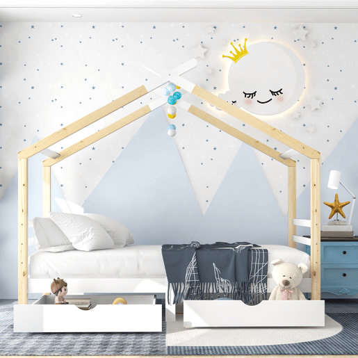 Cama de criança,cama-casa de madeira de pinho 90x200cm com 2 gavetas,branco+madeira