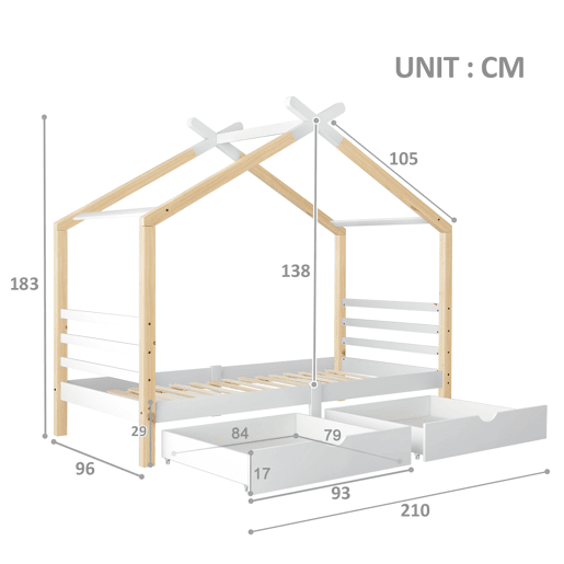 Cama de criança,cama-casa de madeira de pinho 90x200cm com 2 gavetas,branco+madeira
