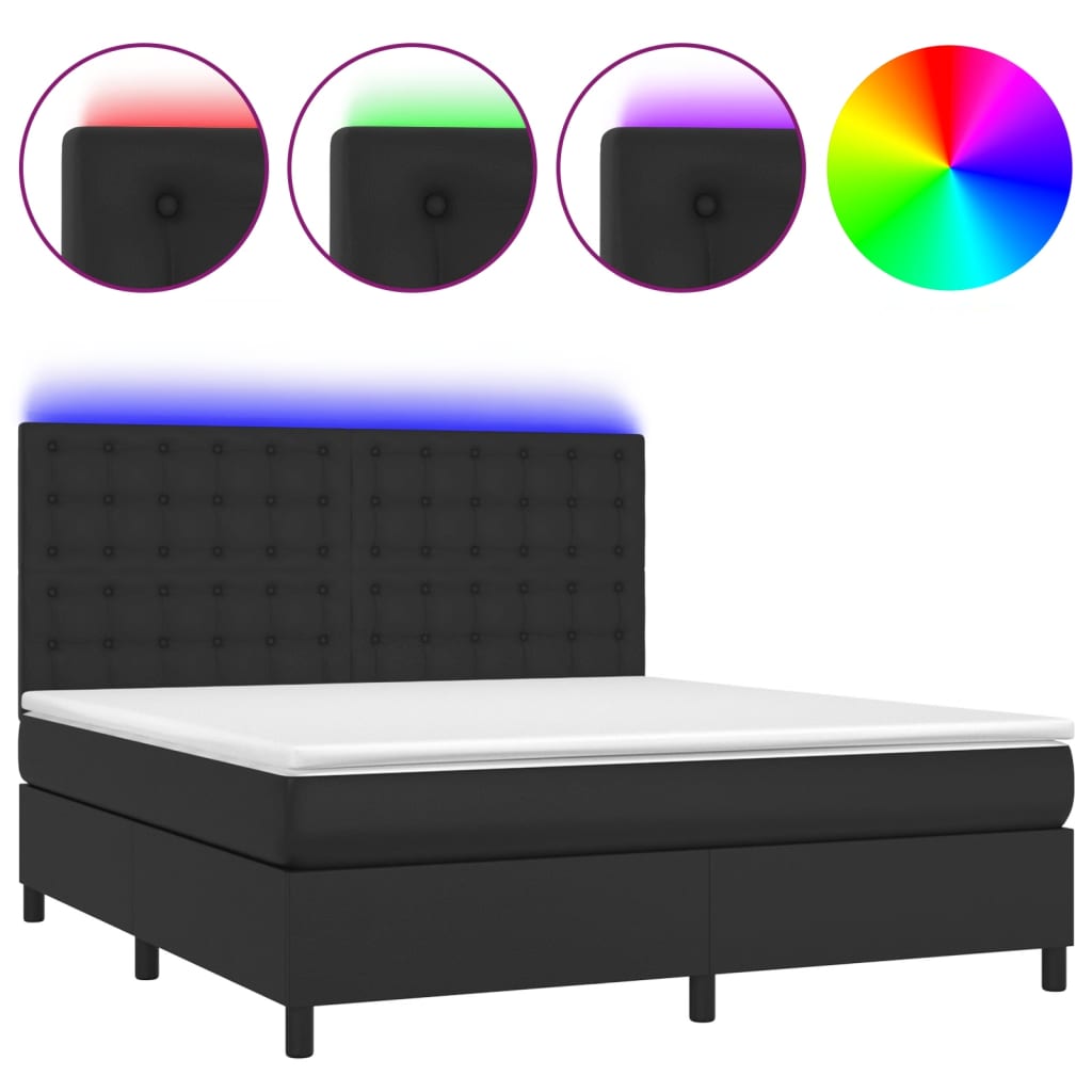 Cama box spring colchón y led cuero sintético negro 180x200 cm botones