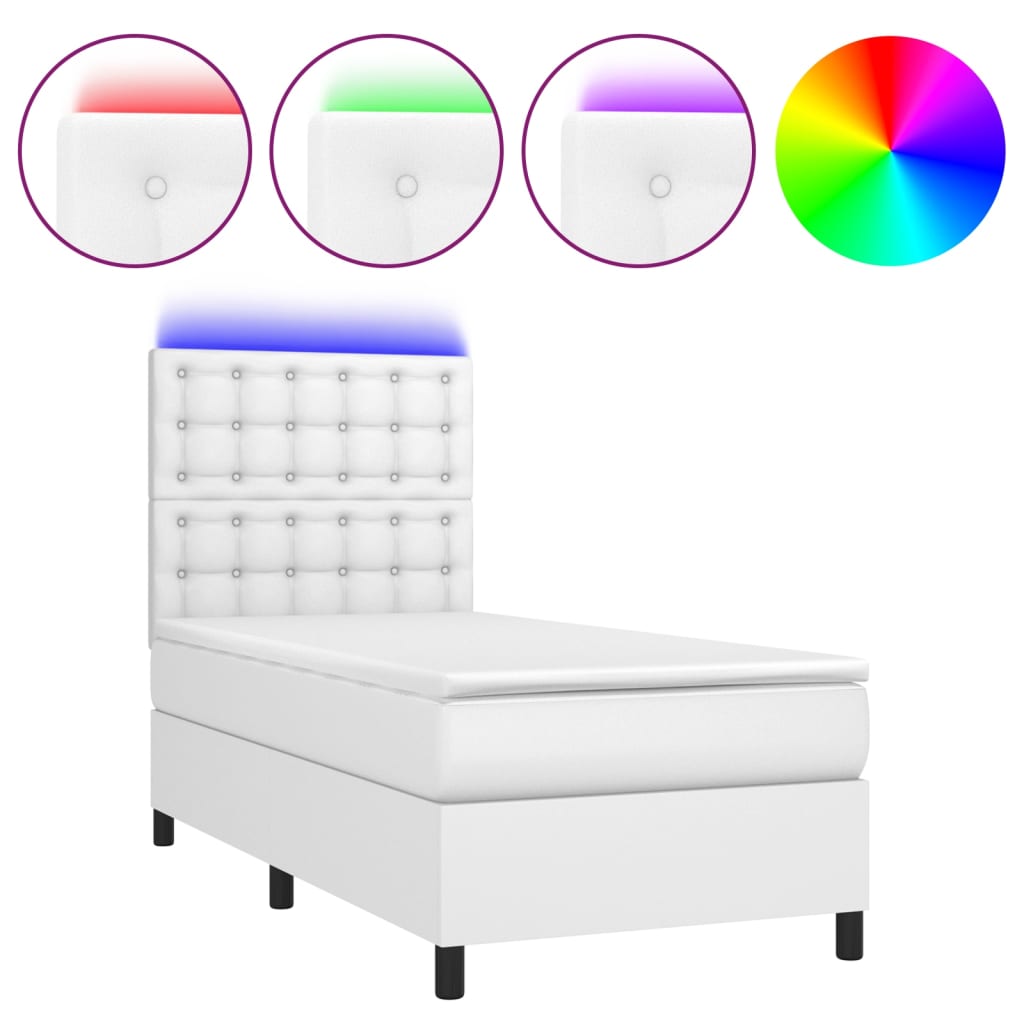 Cama box spring y colchón led cuero sintético blanco 90x200 cm botones