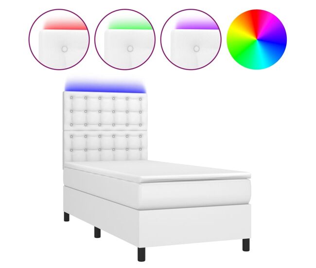 Cama box spring y colchón led cuero sintético blanco 90x200 cm botones