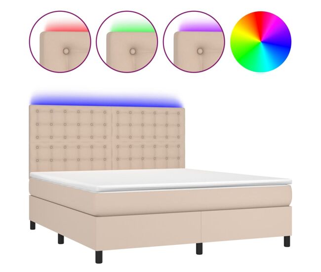 Cama box spring colchón led cuero sintético capuchino 180x200cm botones