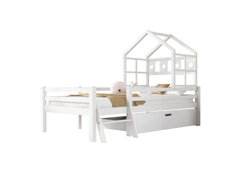 Cama infantil,cama alta,cama cabaña de madera de pino 90x200cm con 1 cajón,escalera y protección contra caídas,en forma de casa,blanco