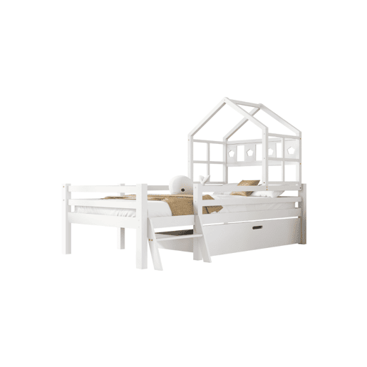 Cama de criança,cama alta,cama-casa de madeira de pinho 90x200cm com 1 gaveta,branco