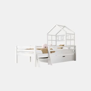 Cama de criança,cama alta,cama-casa de madeira de pinho 90x200cm com 1 gaveta,branco