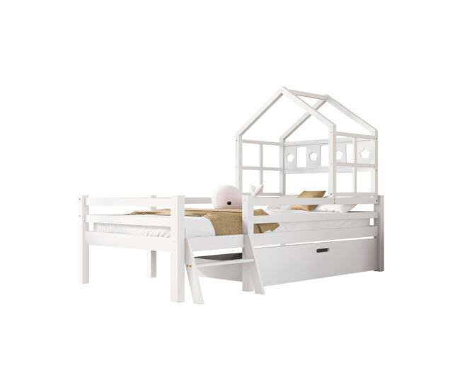 Cama infantil,cama alta,cama cabaña de madera de pino 90x200cm con 1 cajón,escalera y protección contra caídas,en forma de casa,blanco
