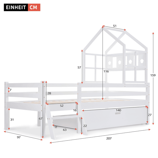 Cama de criança,cama alta,cama-casa de madeira de pinho 90x200cm com 1 gaveta,branco