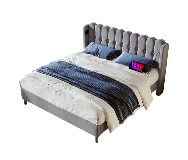 Cama juvenil,cama doble de lino 140x200cm con puerto usb y tipo c,gris