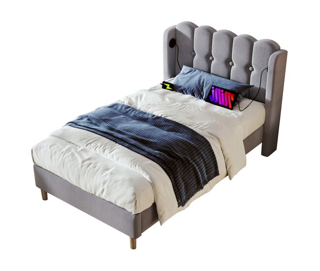 cama juvenil,cama individual de lino 90x200cm con puerto USB y tipo C,gris