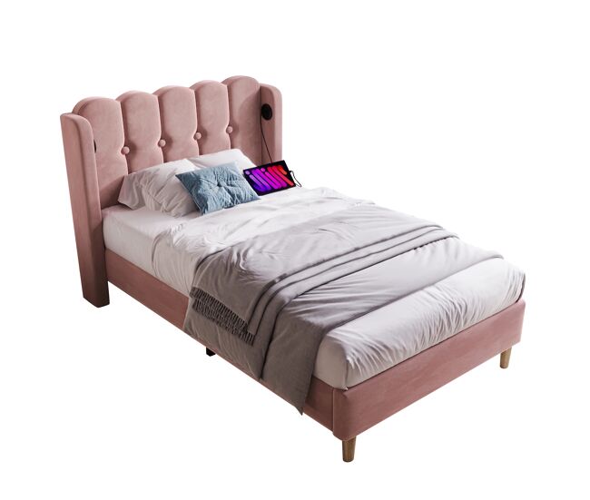 cama juvenil,cama individual de terciopelo 90x200cm con puerto USB y tipo C,rosa
