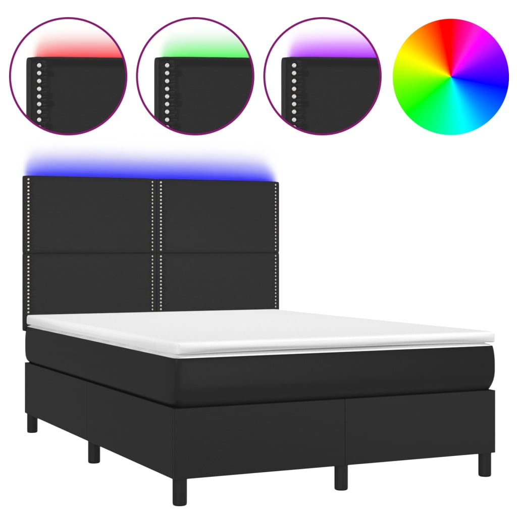 Cama box spring colchón y led cuero sintético negro 140x190 cm liso con clavos