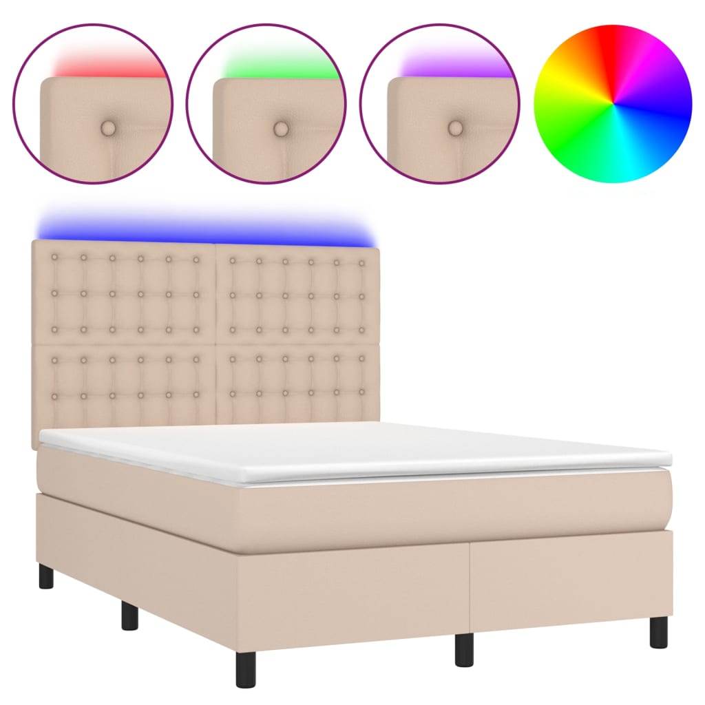 Cama box spring colchón led cuero sintético capuchino 140x200cm botones