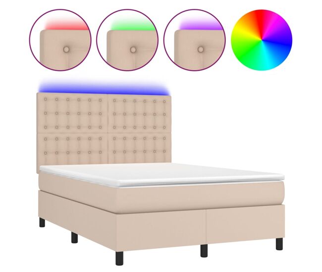 Cama box spring colchón led cuero sintético capuchino 140x200cm botones
