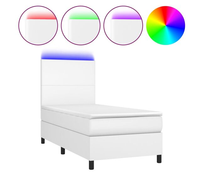 Cama box spring y colchón led cuero sintético blanco 80x200 cm diseño plano