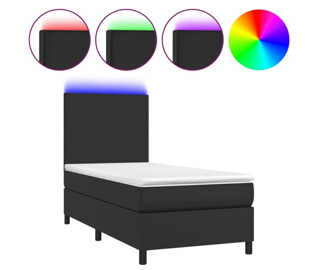 Cama box spring y colchón led cuero sintético negro 90x190 cm diseño plano