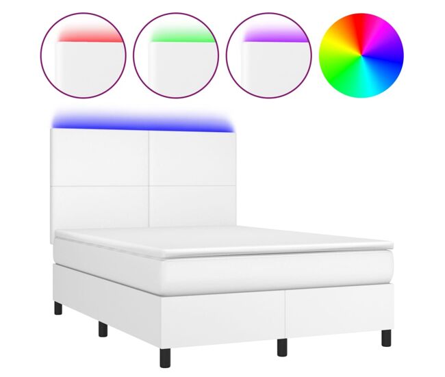 Cama box spring colchón y led cuero sintético blanco 140x200 cm diseño plano