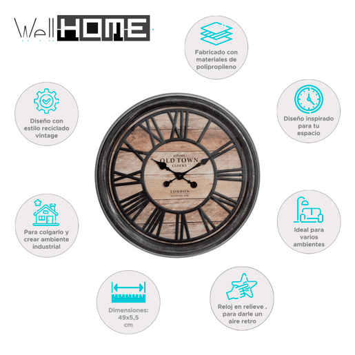 WELL HOME - Relógio decorativo em relevo de plástico Ø49x5cm