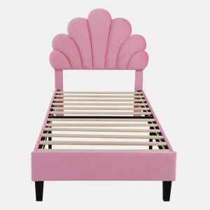Cama individual estofada em veludo - 90x200cm - cabeceira em forma de flor - com estrado de ripas - Rosa