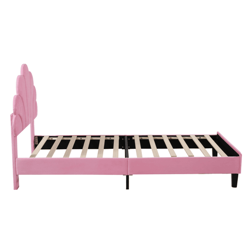 Cama individual estofada em veludo - 90x200cm - cabeceira em forma de flor - com estrado de ripas - Rosa