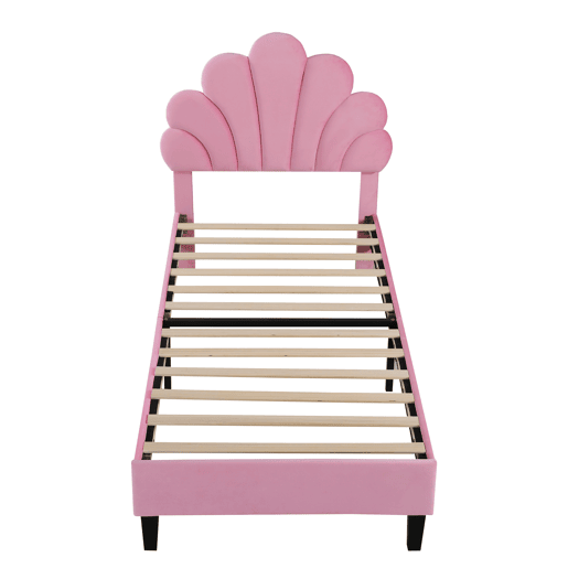 Cama individual estofada em veludo - 90x200cm - cabeceira em forma de flor - com estrado de ripas - Rosa