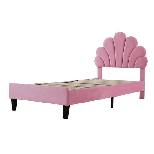 Cama individual estofada em veludo - 90x200cm - cabeceira em forma de flor - com estrado de ripas - Rosa