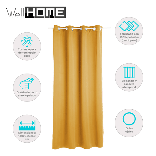 WELL HOME - Cortina blackout de veludo ocre 140 x 260 cm