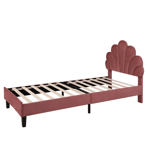 Cama individual estofada em veludo - 90x200cm - cabeceira em forma de flor - com estrado de ripas - Vermelho