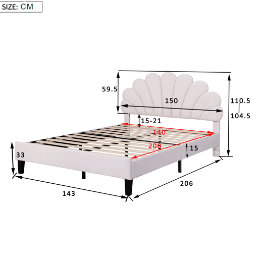 Cama de casal estofada em veludo - 140x200cm - cabeceira em forma de flor - com estrado de molas - Bege