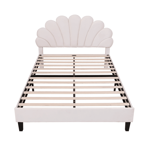 Cama de casal estofada em veludo - 140x200cm - cabeceira em forma de flor - com estrado de molas - Bege