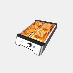 Torradeira plana horizontal com 1000 W e três resistências para todo o tipo de pães e produtos de pastelaria.