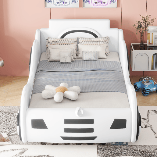 Cama de carro - Cama de rodízio em pele sintética 90x200 cm com estrado de molas - Branco
