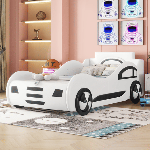 Cama de carro - Cama de rodízio em pele sintética 90x200 cm com estrado de molas - Branco