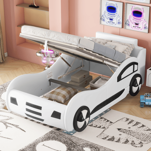 Cama de carro - Cama de rodízio em pele sintética 90x200 cm com estrado de molas - Branco
