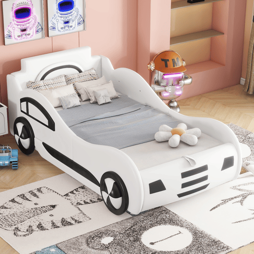 Cama de carro - Cama de rodízio em pele sintética 90x200 cm com estrado de molas - Branco