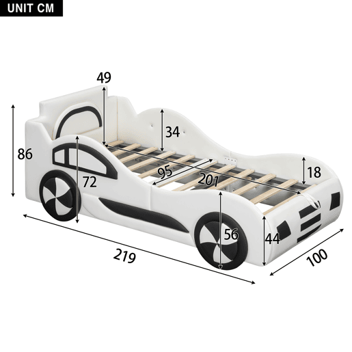 Cama de carro - Cama de rodízio em pele sintética 90x200 cm com estrado de molas - Branco