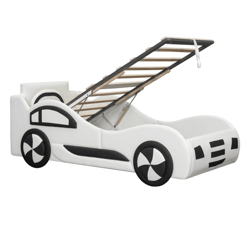 Cama de carro - Cama de rodízio em pele sintética 90x200 cm com estrado de molas - Branco