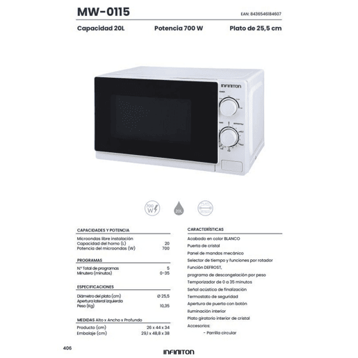 Micro-ondas INFINITON MW-0115, 20 litros, 700 W, descongelação, Blanco